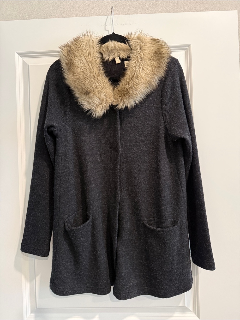 Moth by Anthropologie Charcoal Cardigan Coat with removableFaux Fur Collar sz s